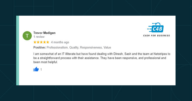 Image showing the Google Review of Trevor Madigan from Cash For Business