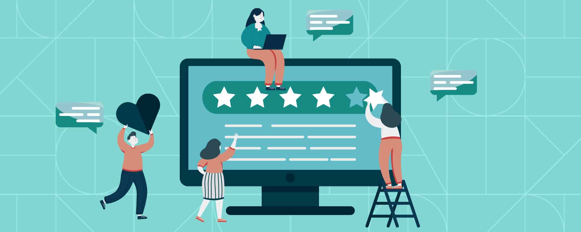 Digital Art of people in front of a computer creating an online review to represent why online reviews are important for your business
