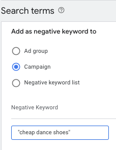 Negative Keywords in Google Ads - Negative Phrase