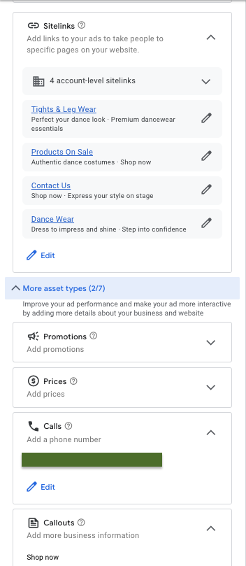 Google ads Ad extension section