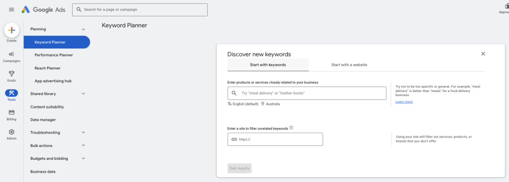 Google ads Keyword planner section